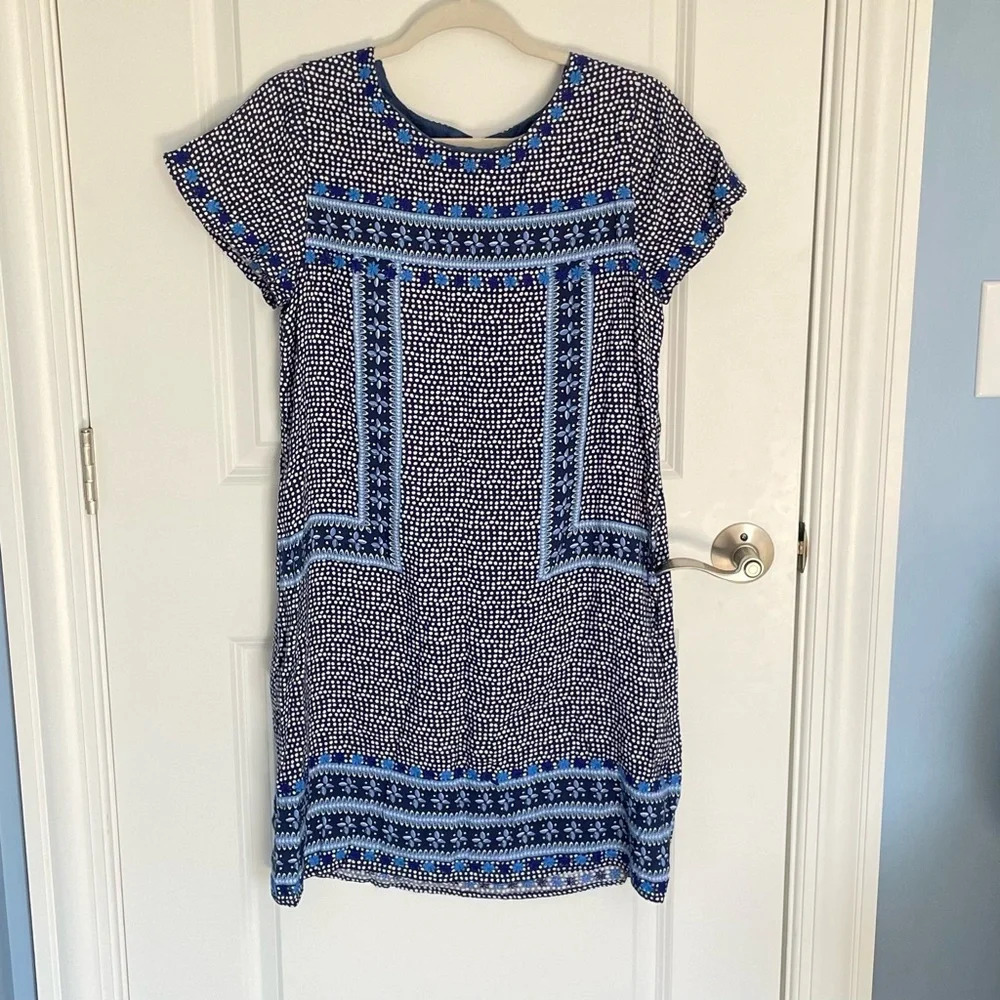 Vineyard Vines Blue White Linen Blend Dot Border Print Shift Dress 29749